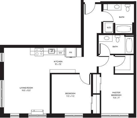 Floor plan for 2 beds, 2 baths, 1046 sqft